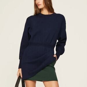 Something Navy Blue Mini Sweater Dress SMALL Cotton Knit Blouson Designer $225